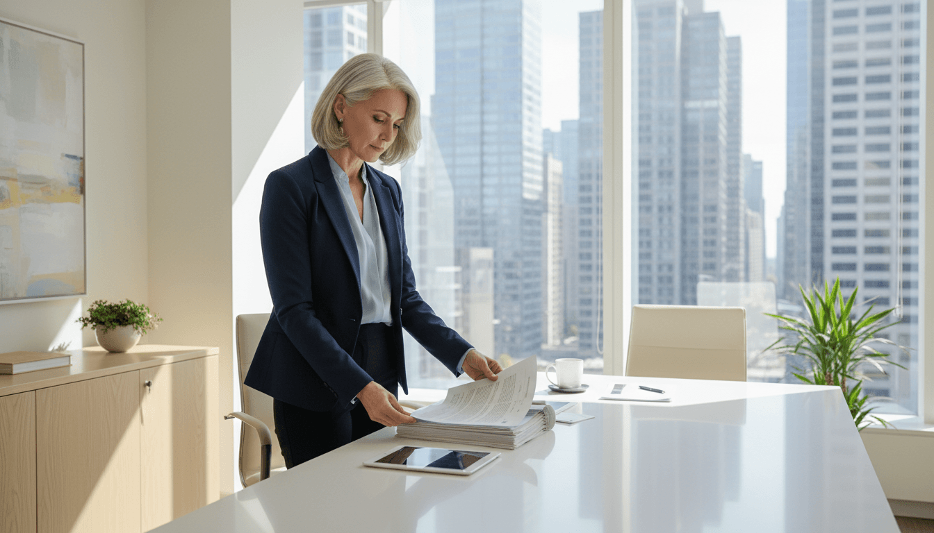 Experienced executive recruiter reviewing candidate profiles at her desk