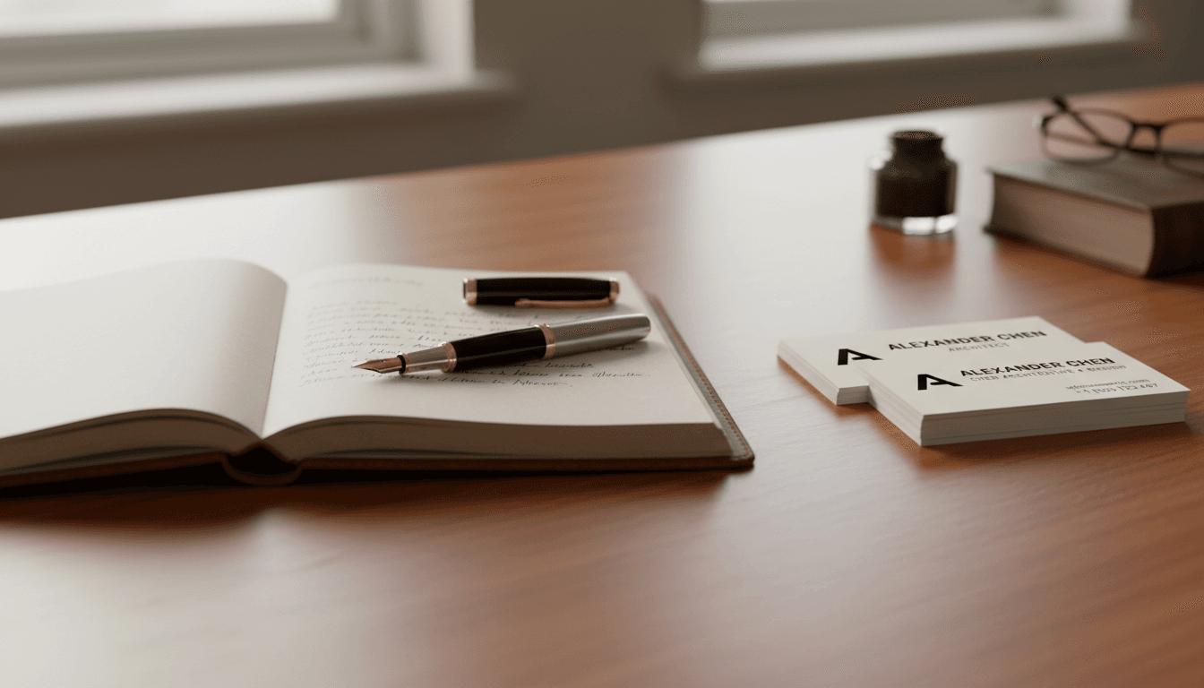 Leather notebook and pen on an executive desk
