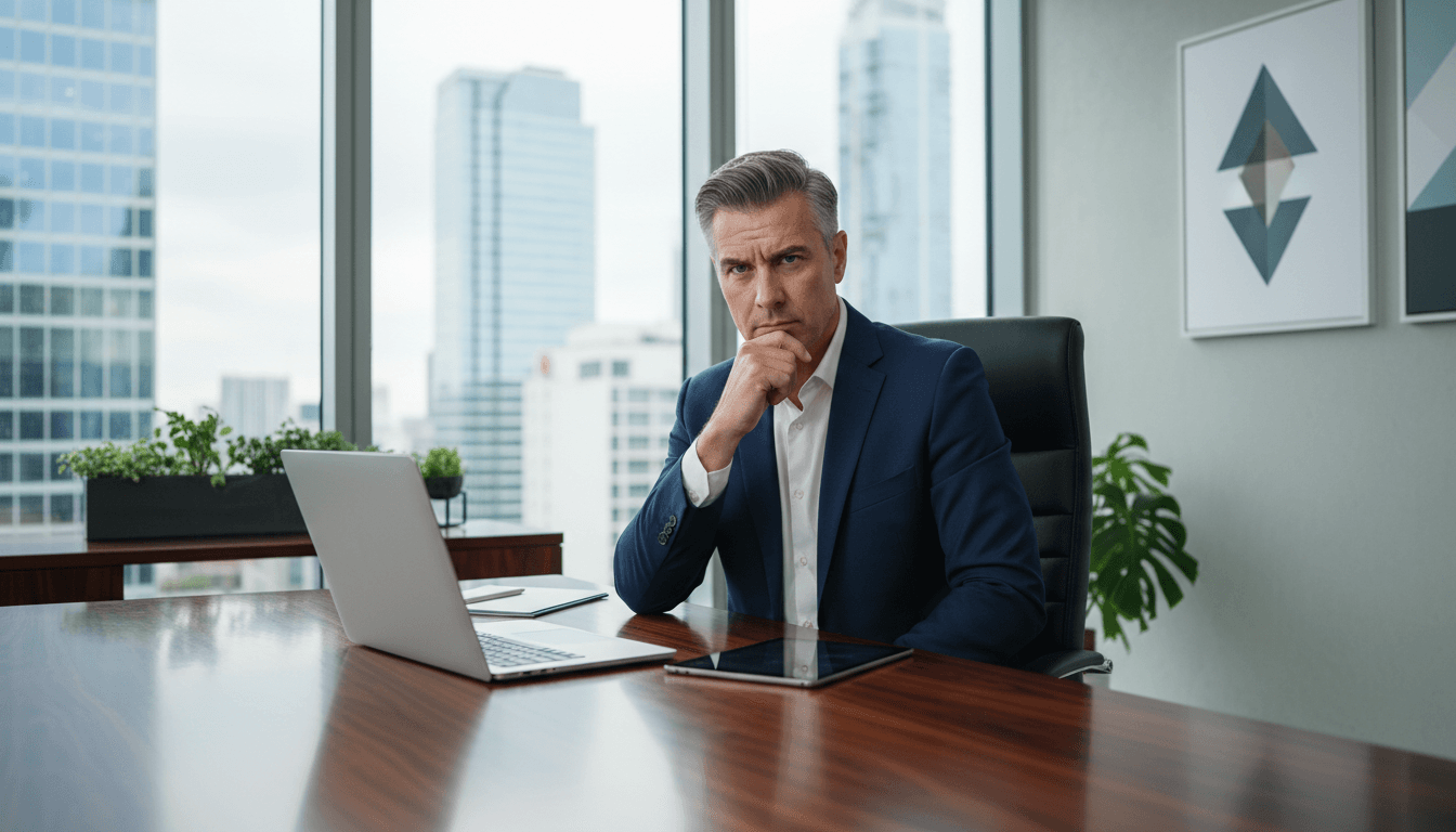 Professional executive in a modern office looking thoughtfully at camera