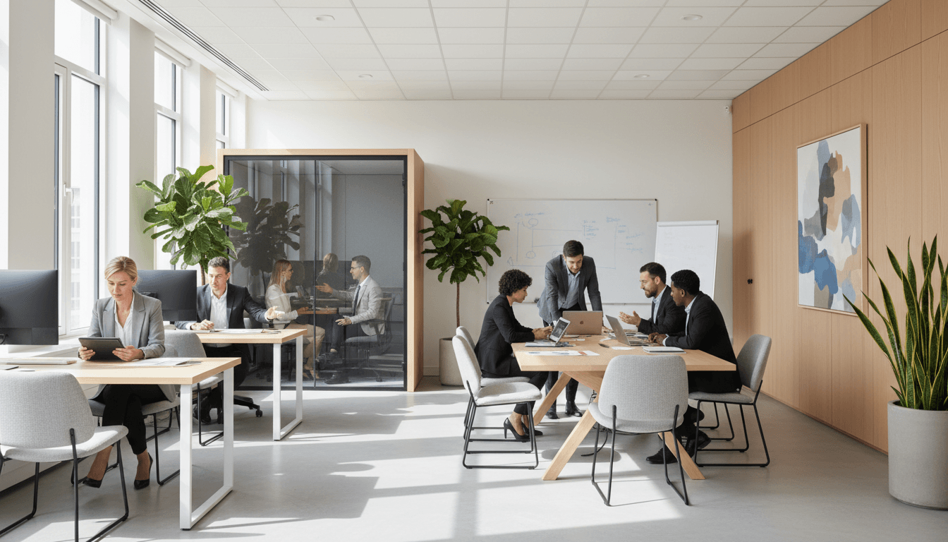 Professional executive recruiter in modern office with warm lighting and laptop