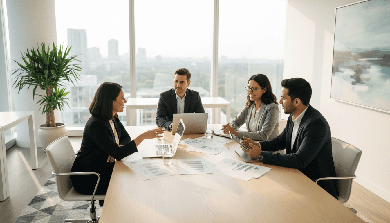 Diverse business team in serious meeting around conference table natural light